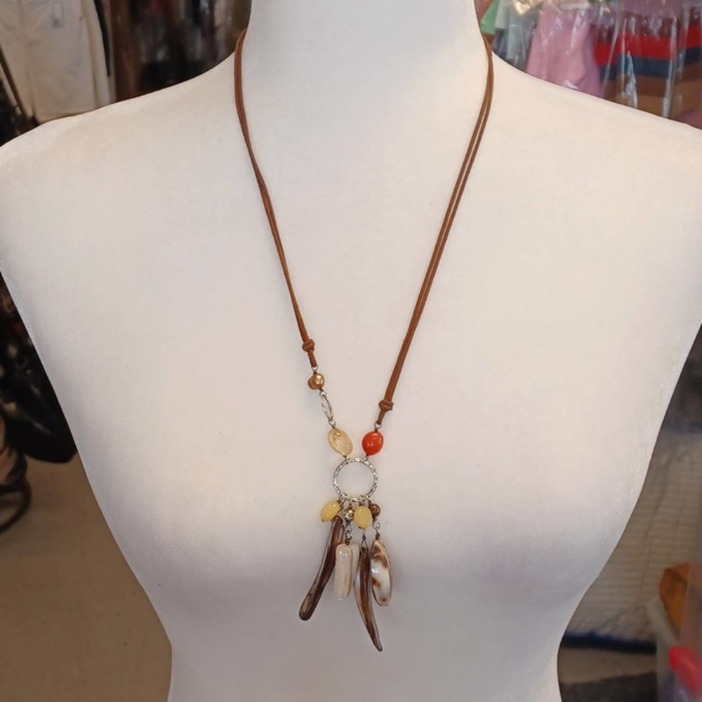 Silpada Quartz MOP Quartz Jade Long Necklace Brown Leather Cord